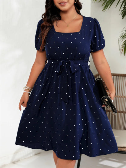 GIBSIE Plus Size Square Neck Polka Dot Belted Dress Women's Elegant Retro Puff Sleeve High Waist Summer A-line Big Swing Dresses