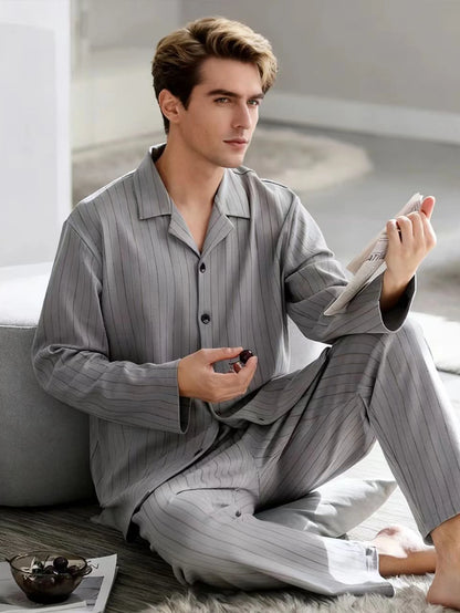 Casual Spring and Autumn Pajamas for Men, New Versatile Cardigan Long-Sleeved Long Pants Set, Simple and Stylish, Plus-Size Loungewear