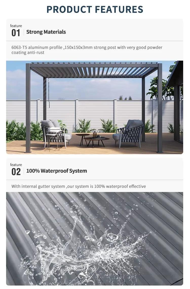 Bioklimatisk fristående metallpaviljong snölasttålig pergola för utemiljöer