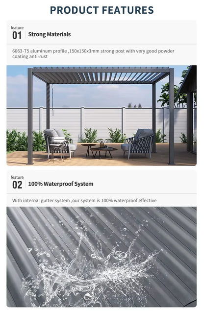 Bioklimatisk fristående metallpaviljong snölasttålig pergola för utemiljöer