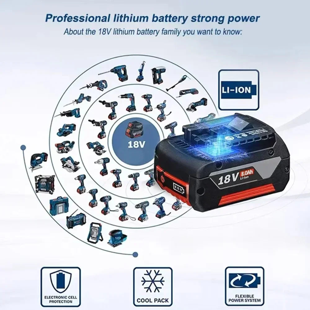 For Bosch 18V 6.0Ah, Professional Lithium Battery, Electric Rechargeable Battery, Bosch BAT609 BAT609G BAT618 BAT618G