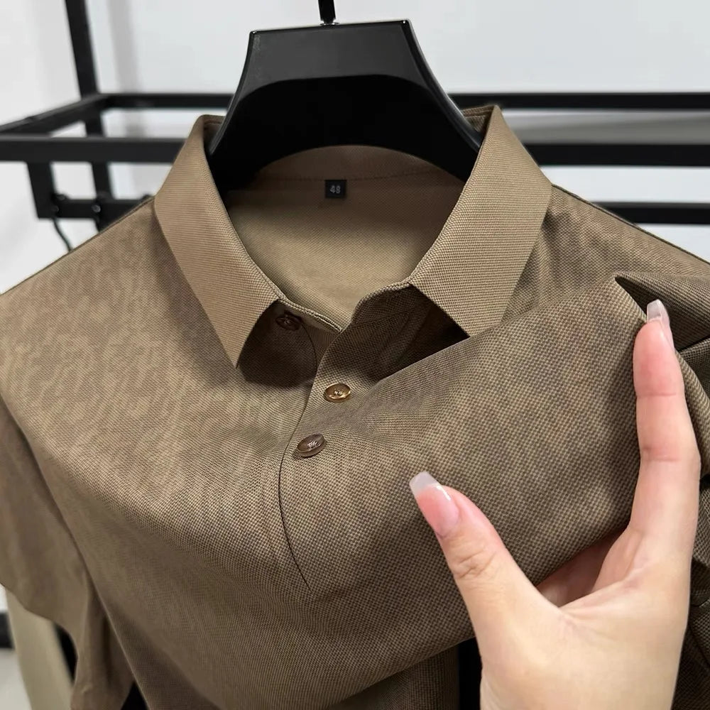 High end ice silk seamless short sleeve POLO shirt men's 2024 summer new fashionable jacquard silk breathable lapel T-shirt