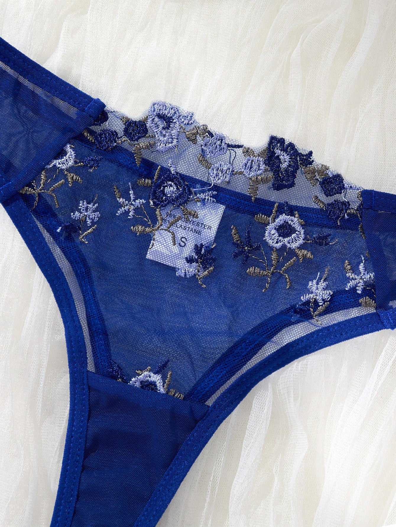 Women's Royal Blue Floral Embroidery Lingerie Set Half Cup Push Up Bra And Thong Sheer Mesh Lace Comfortable SexyUnderw ZA824026