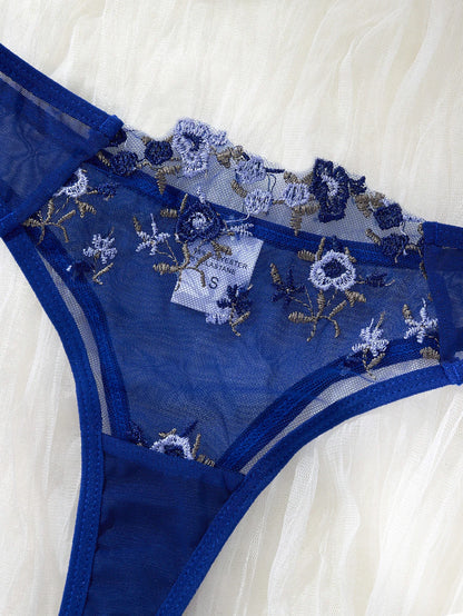 Women's Royal Blue Floral Embroidery Lingerie Set Half Cup Push Up Bra And Thong Sheer Mesh Lace Comfortable SexyUnderw ZA824026