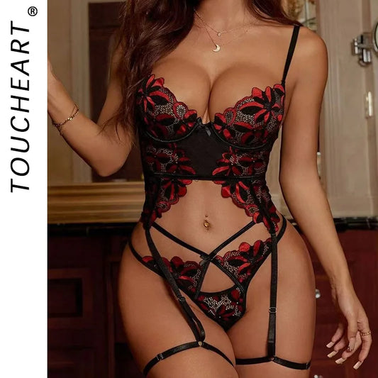 Broderat Spets Lingerieset 3-delar med Garter – Patchwork, Kontrastfärg & Midjeexponerad Design, S–XL