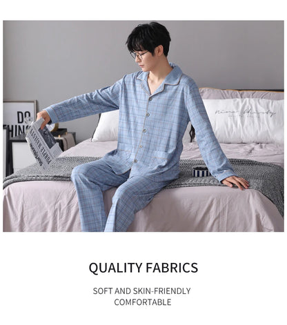 MiiOW Herr Pyjamas Set Vinter – Bomull Långärmad Rutig Grå Krage Plus Size, 8 Färger M–XXXL