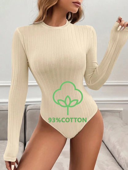 Solid Color Casual Long-sleeve Ribbed Bodysuit, Comfortable High-stretch Large Ribbed Top