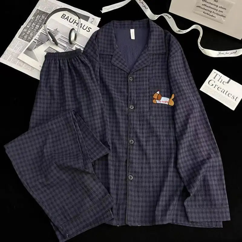 Herr Pyjamas 2-delad – Vintage Rutig Broderad Hund, Plus Size L–3XL, 5 Motiv