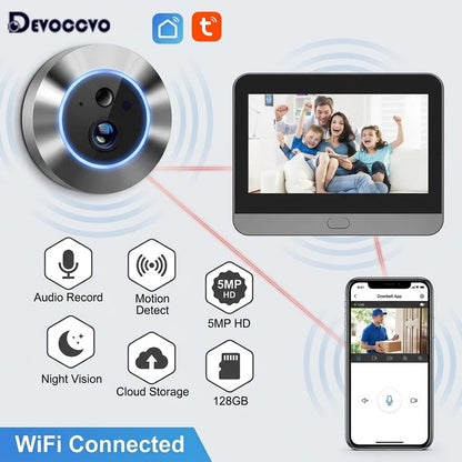 Trådlös Dörrkamera 5MP – 4,3" Skärm, Tuya/Smart Life, PIR+Radar, IR-nattseende, USB-C, EU-lager