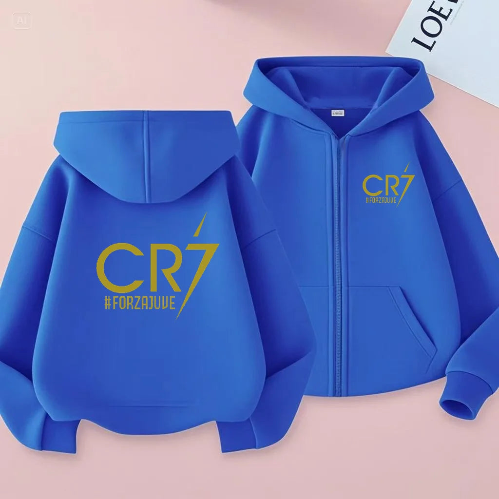 Children Football Hoodie Letter CR7 Zipper Style Coat Sweatshirt Boys Girls 3-12Yrs Long sleeves Loose Top Casual Sports Clothes