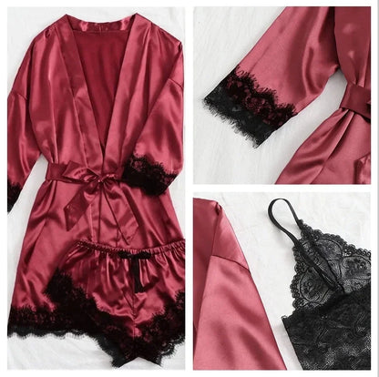 Pyjamasset dam med satinkänsla och spets – sex färger, S–2XL