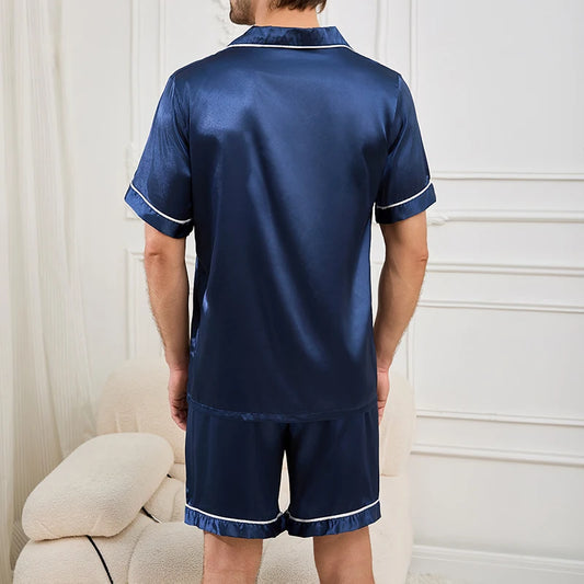 Kortärmad satinpyjamas för herrar – skjorta och shorts, 2 delar