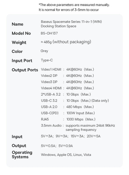Baseus 11/12-i-1 USB-C-docka med flera skärmutgångar och PD