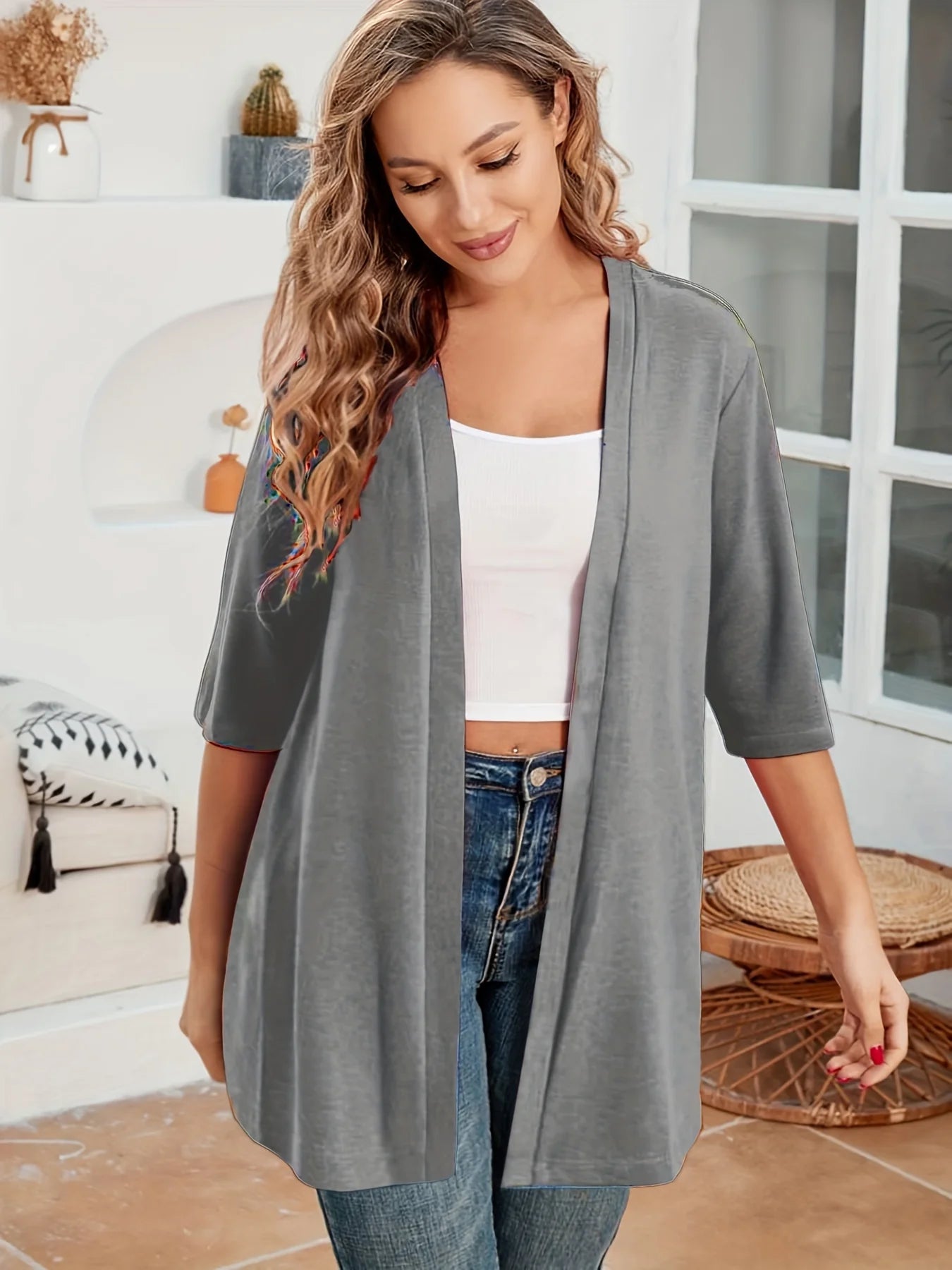 Dam Plus Size Elegant Kofta – Halvlång 3/4-ärm Hög Stretch Öppen Casual Höst/Vinter, 9 Färger XL–4XL