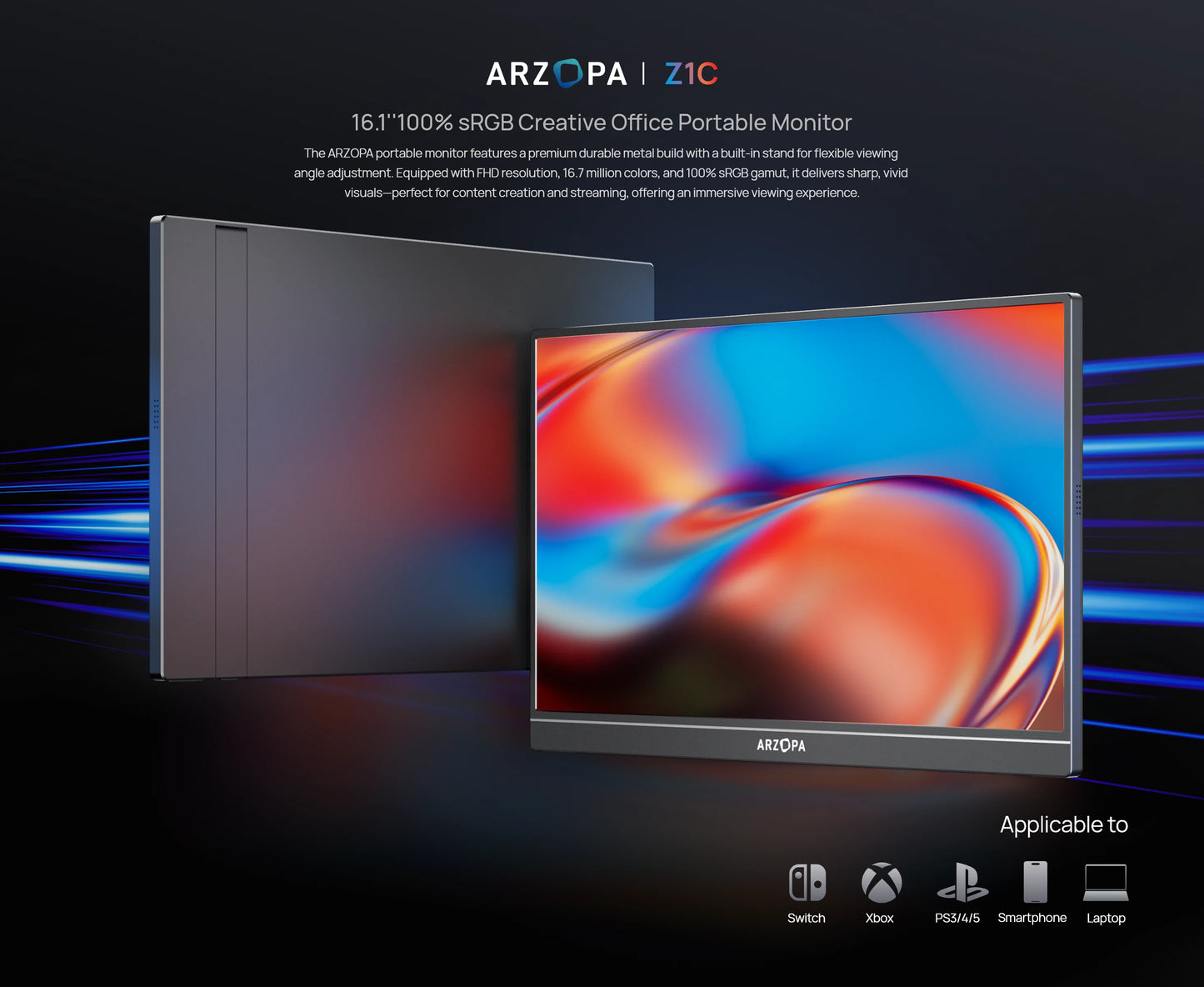 ARZOPA 16.1'' 100% SRGB 1080P FHD Portable Monitor IPS Screen Second Monitor External Display Z1C