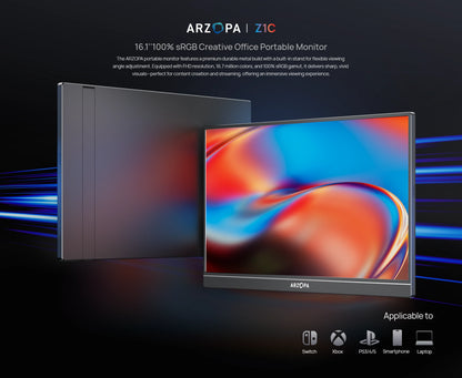 ARZOPA 16.1'' 100% SRGB 1080P FHD Portable Monitor IPS Screen Second Monitor External Display Z1C