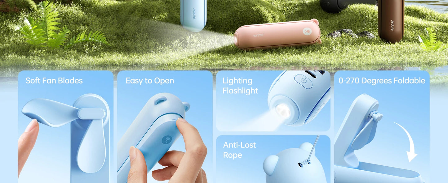 JISULIFE Handhållen Fläkt F8X – 4500mAh, 37h Drifttid, 3 Hastigheter, Powerbank & Ficklampa