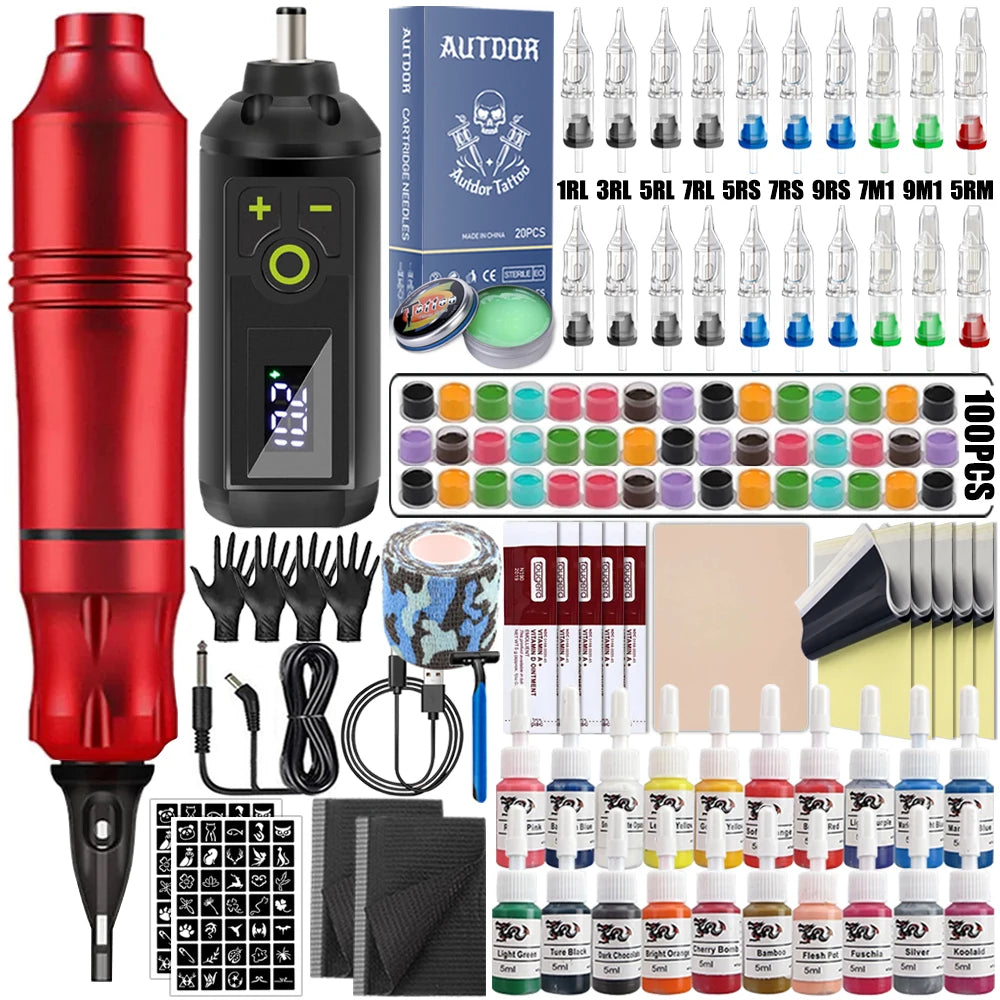 Tattoo Pen Machine Kit Tattoo Machine Pen Set with Wireless Power Supply Cartridge Needle Tattoo Accessories for Tattoo Beginner