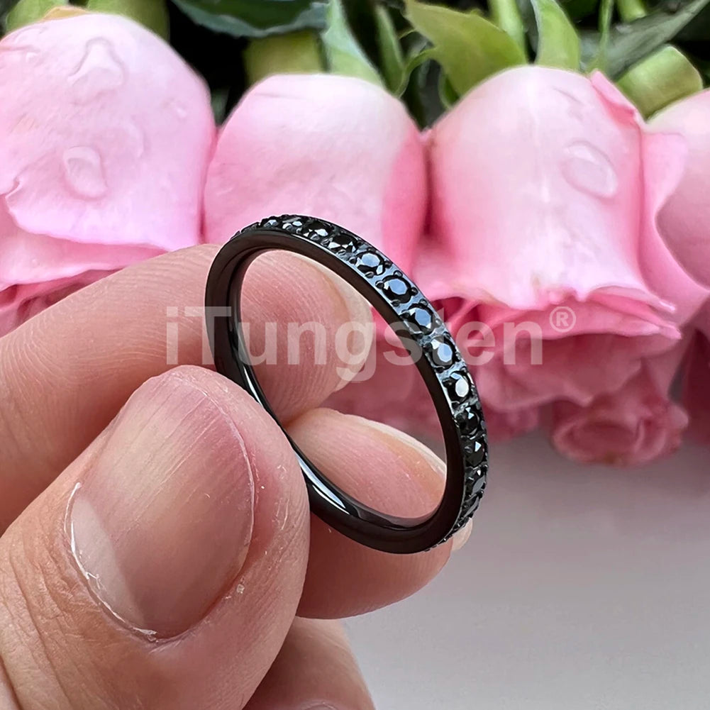ITungsten 2/3/4mm Men Women Titanium Princess Cubic Zirconia CZ Inlay Ring Nice Eternity Engagement Wedding Band