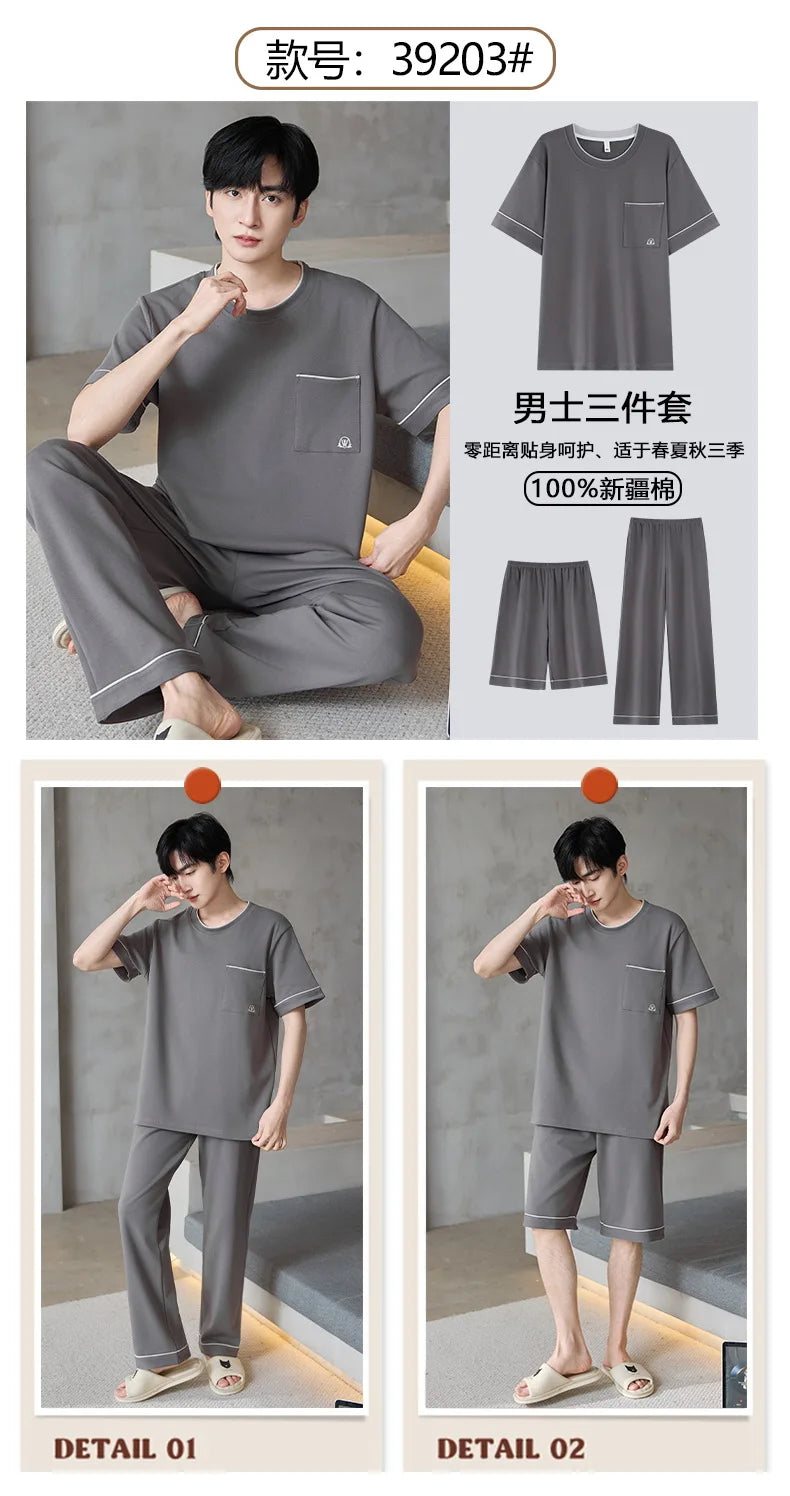 Short Sleeves & Shorts & Long Pant 3Pcs/set Cotton Nightwear for Men Summer Breathable Casual Sleepwear Male Loungewear Hombre