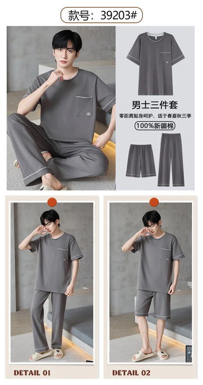 Short Sleeves & Shorts & Long Pant 3Pcs/set Cotton Nightwear for Men Summer Breathable Casual Sleepwear Male Loungewear Hombre