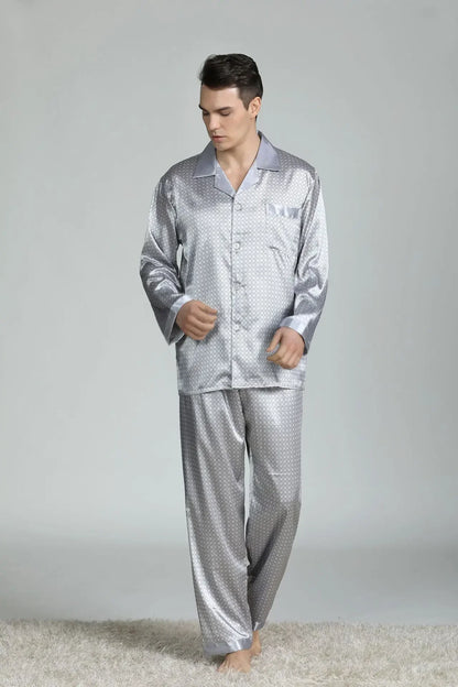 Pyjamasset herr med satinkänsla – långärmad överdel och långbyxor, L–3XL