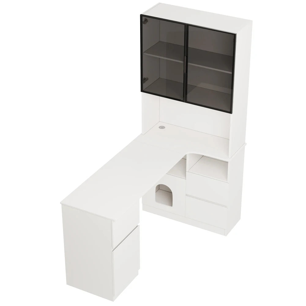 Corner Desk with Shelf and LED Display Cabinet, Desk with Cable Outlet, 3 Drawers, 2 Doors, Open Compartments, Built-in Bookcase
