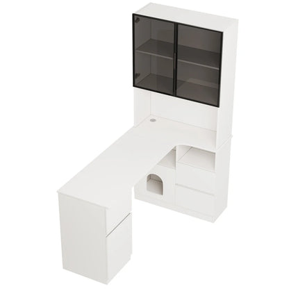 Corner Desk with Shelf and LED Display Cabinet, Desk with Cable Outlet, 3 Drawers, 2 Doors, Open Compartments, Built-in Bookcase