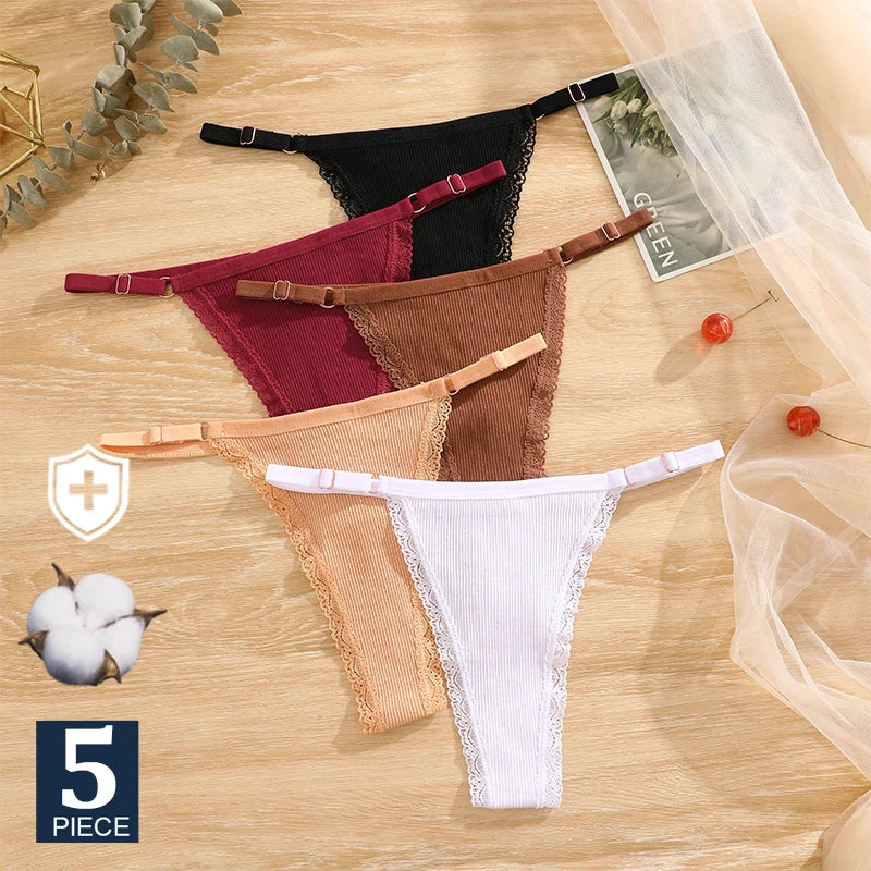 FINETOO 5PCS/Set Sexy G-string Panties Cotton Women's Underwear Adjustable Waist Girl Female Pantys Bikini Lady Thongs Lingerie