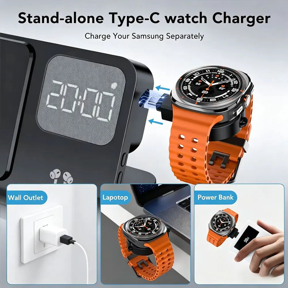 4 in 1 Wireless Charger Alarm Clock Stand For Samsung S26 S25 Galaxy Watch 8 7 6 5 Active 2 Buds4 Pro 3/2 Fast Charging Station