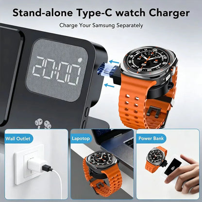 4 in 1 Wireless Charger Alarm Clock Stand For Samsung S26 S25 Galaxy Watch 8 7 6 5 Active 2 Buds4 Pro 3/2 Fast Charging Station