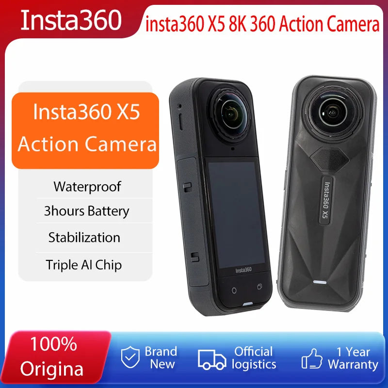 Insta360 X5 Waterproof Action Camera 8K 360° HDR Video Enhanced Low Light Replaceable Lenses 3H Battery Life Triple AI Chip