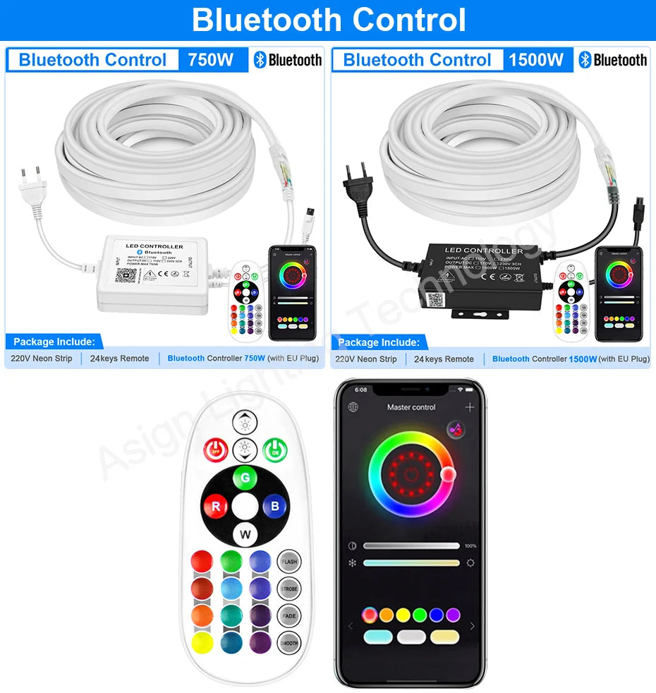 220 V RGB LED-neonlist IP65 med fjärrkontroll, Bluetooth eller Tuya WiFi, 1–100 m