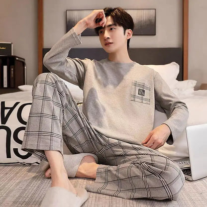 L-5XL Spring and Autumn Knitted Cotton Plaid Pajamas Set Men Long Sleeve Sleepwear Casual Soft Pyjamas Male Home Clothing