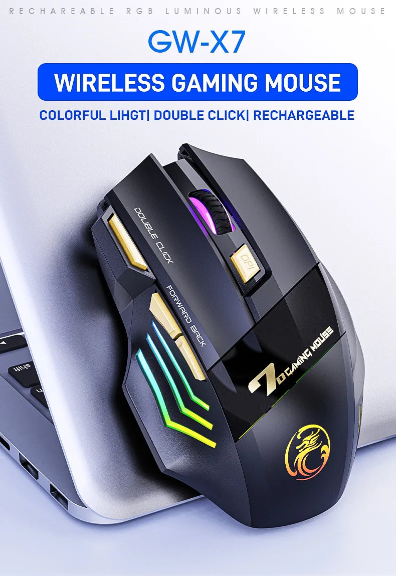 IMICE GW-X7 Wireless Gaming Mouse, 3200DPI Dual-Mode, 7 Programmable Keys, RGB Backlit Rechargeable
