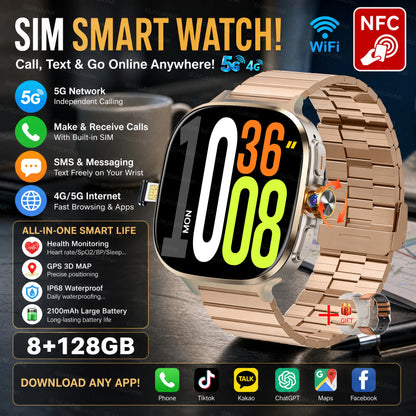 2026New 5G SIM Smart Watch 2.4" AMOLED 8+128GB GPS+NFC WIFI 1000W HD Camera IP68Waterproof Health Monitor Android Smartwatch Men