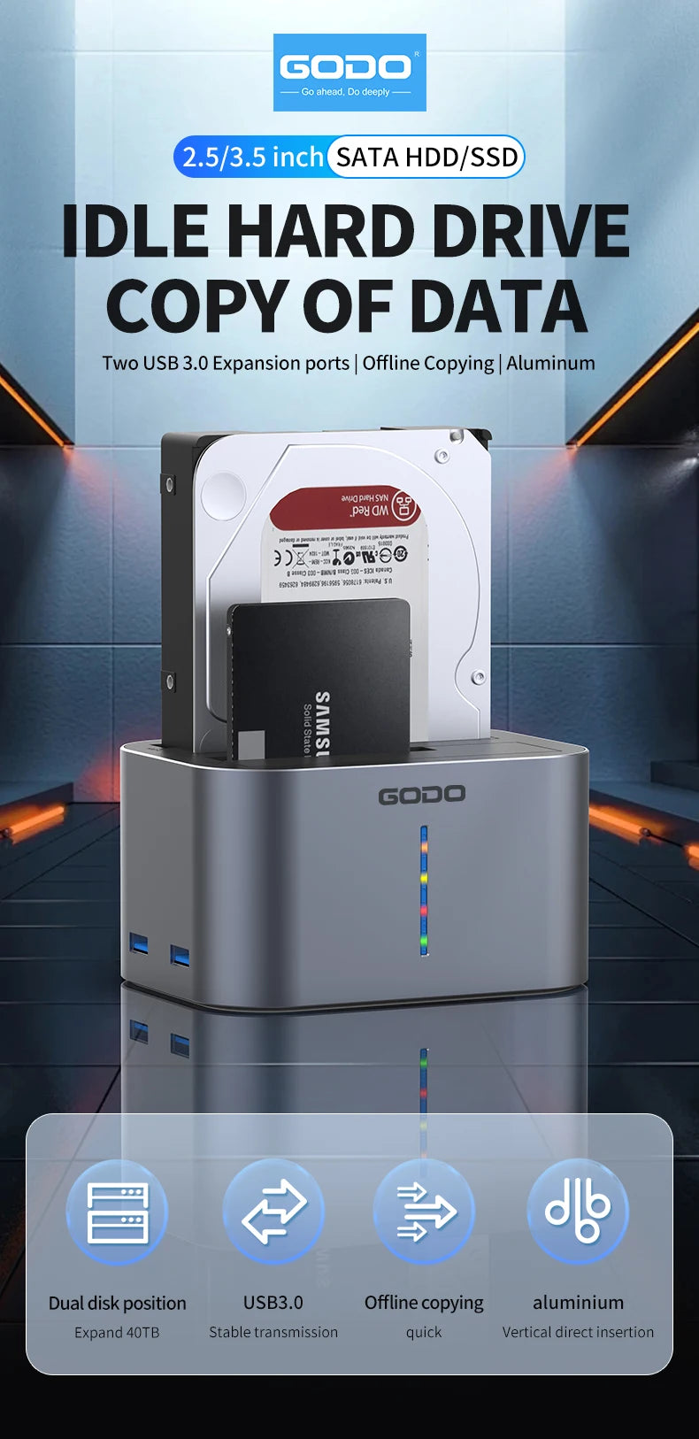 GODO USB 3.0 Dubbel Fack Typ C Hårddiskdocka för 2.5/3.5 tums SATA-enheter
