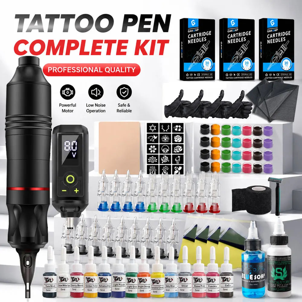 Wireless Tattoo Pen Kit Rotary Tattoo Pen Kit with Wireless Power Supply Cartridge Tattoo Needles for Tattoo Beginners Kits