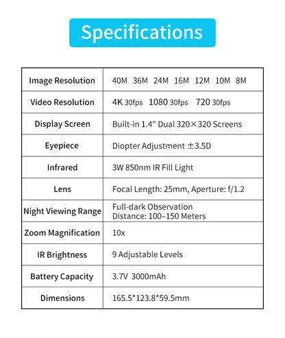 4K Night Vision Binoculars Diopter Eyepiece Dual 1.4" LCD 10X Zoom 3000mAh Level Gauge Infrared Outdoor Observation