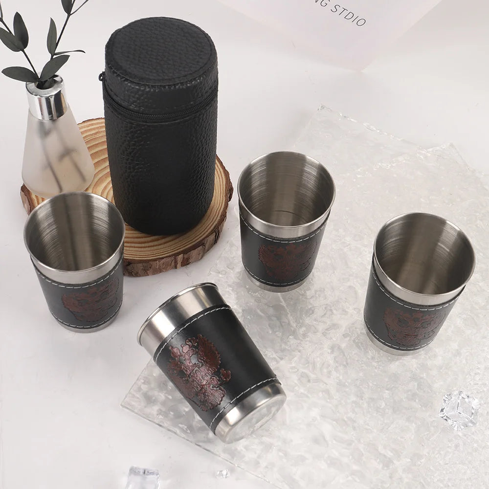 Rostfria Campingkoppar 4-pack med Läderfodral – 30/70/170ml, Kaffe, Vin & Whisky, Friluftsliv