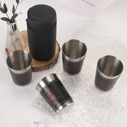 Rostfria Campingkoppar 4-pack med Läderfodral – 30/70/170ml, Kaffe, Vin & Whisky, Friluftsliv
