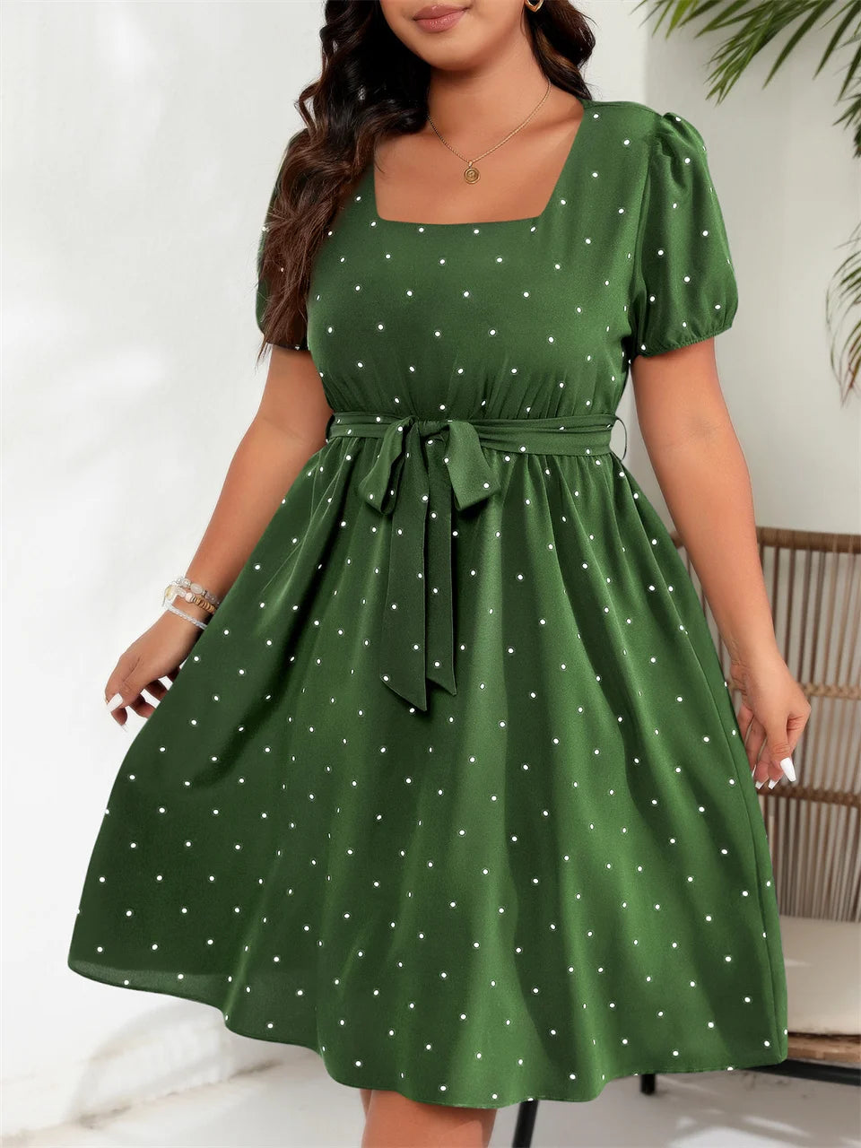 GIBSIE Plus Size Square Neck Polka Dot Belted Dress Women's Elegant Retro Puff Sleeve High Waist Summer A-line Big Swing Dresses