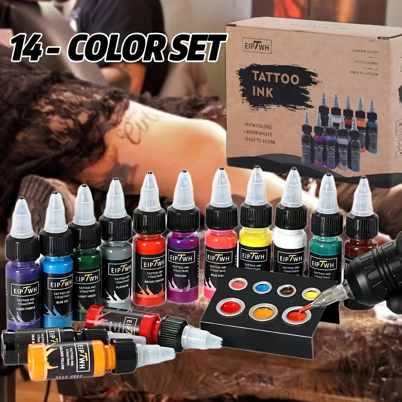 Professional Tattoo Ink - Multicolor Dynamic(14 Colors) & Vibrant Colors in 0.5oz (15ml) Bottles for Tattoo Artists