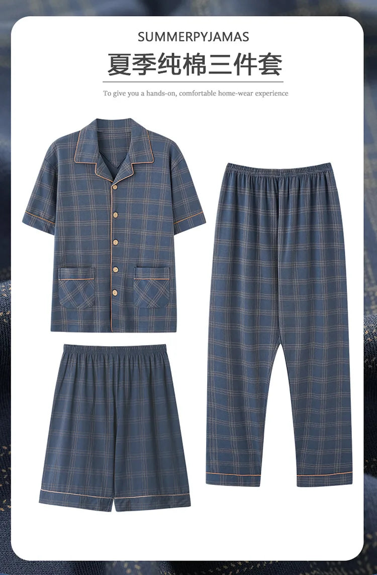 2023 New Cotton Sleepwear Men's 3 Pieces Set Homewear Plus Size 4XL Cardigan Nightwear Short Sleep Tops & Shorts & Long Pants