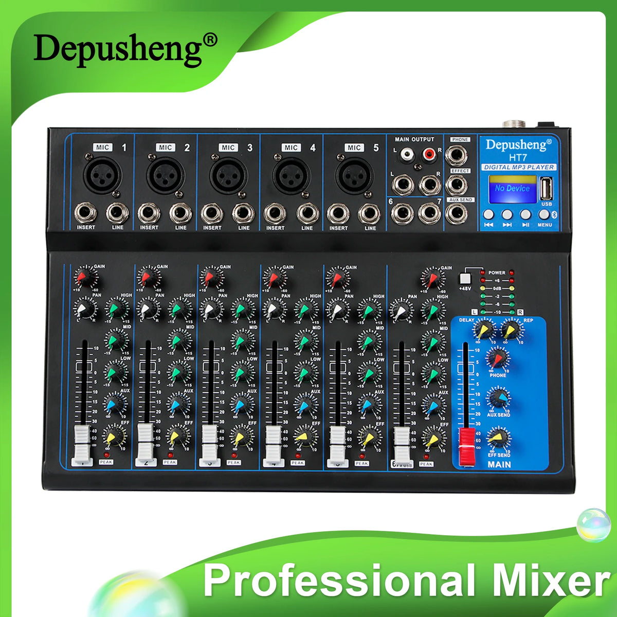 Depusheng HT7 Bluetooth Ljudmixer USB DJ Ljudkonsol 7-kanaler
