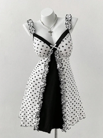 Plus Size Y2K Polka Dot Dress, Ruffle Trim Bow Front Cami Mini Dress, Sexy Sweet Coquette Style Party Dress for Women