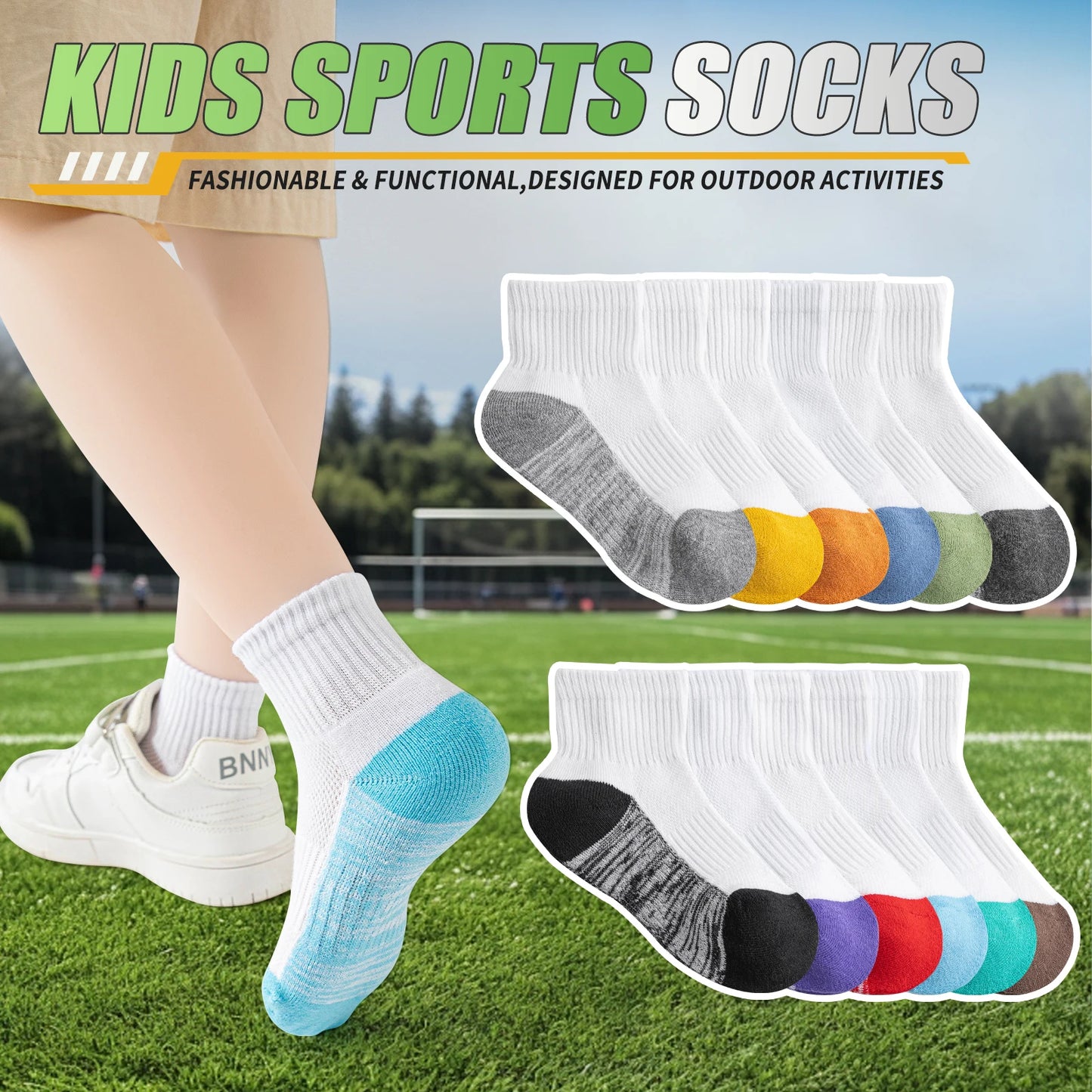 Barn Sportstrumpor 12-pack – Dämpade Andningsbara Basket Crew, 3 Storlekar 1–15 År