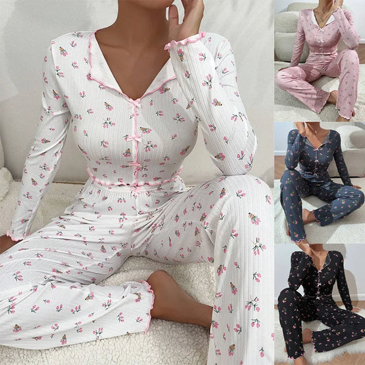 Dam Pyjamas 2-delat Set Höst & Vinter – Blommigt Tryck, Långärmad Loungewear