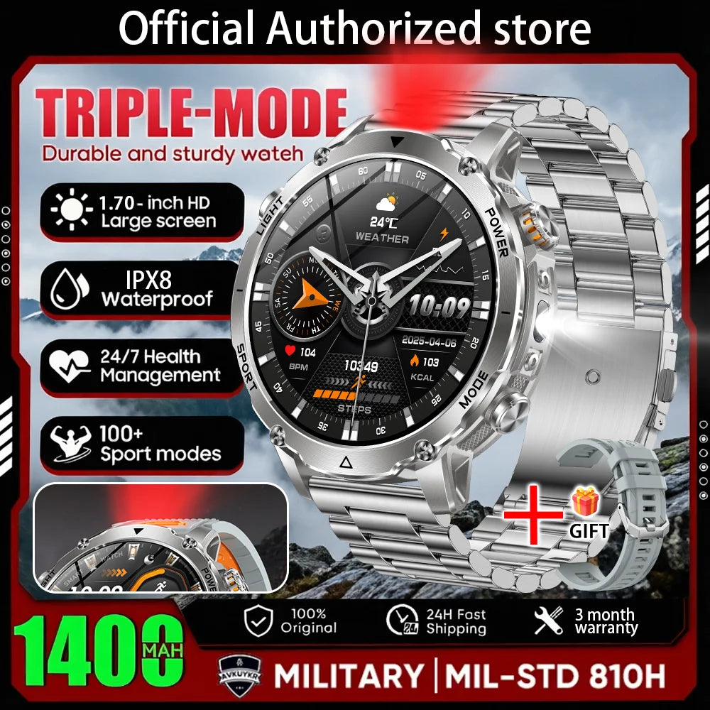 New 1400 mAh Battery Military Smartwatch Men IP68 Waterproof Flashlight Health Monitor Sports Call Smart Watch For iOS Android