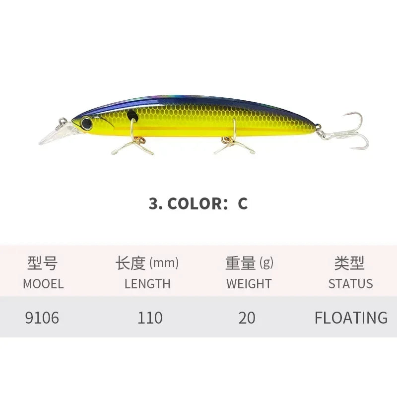 Floating Minnow Fishing Lures 110MM 20g Sea Ocean Beach Fishing Artificial Hard Bait Fishing Tackle for Bass Pike Perch Pesca